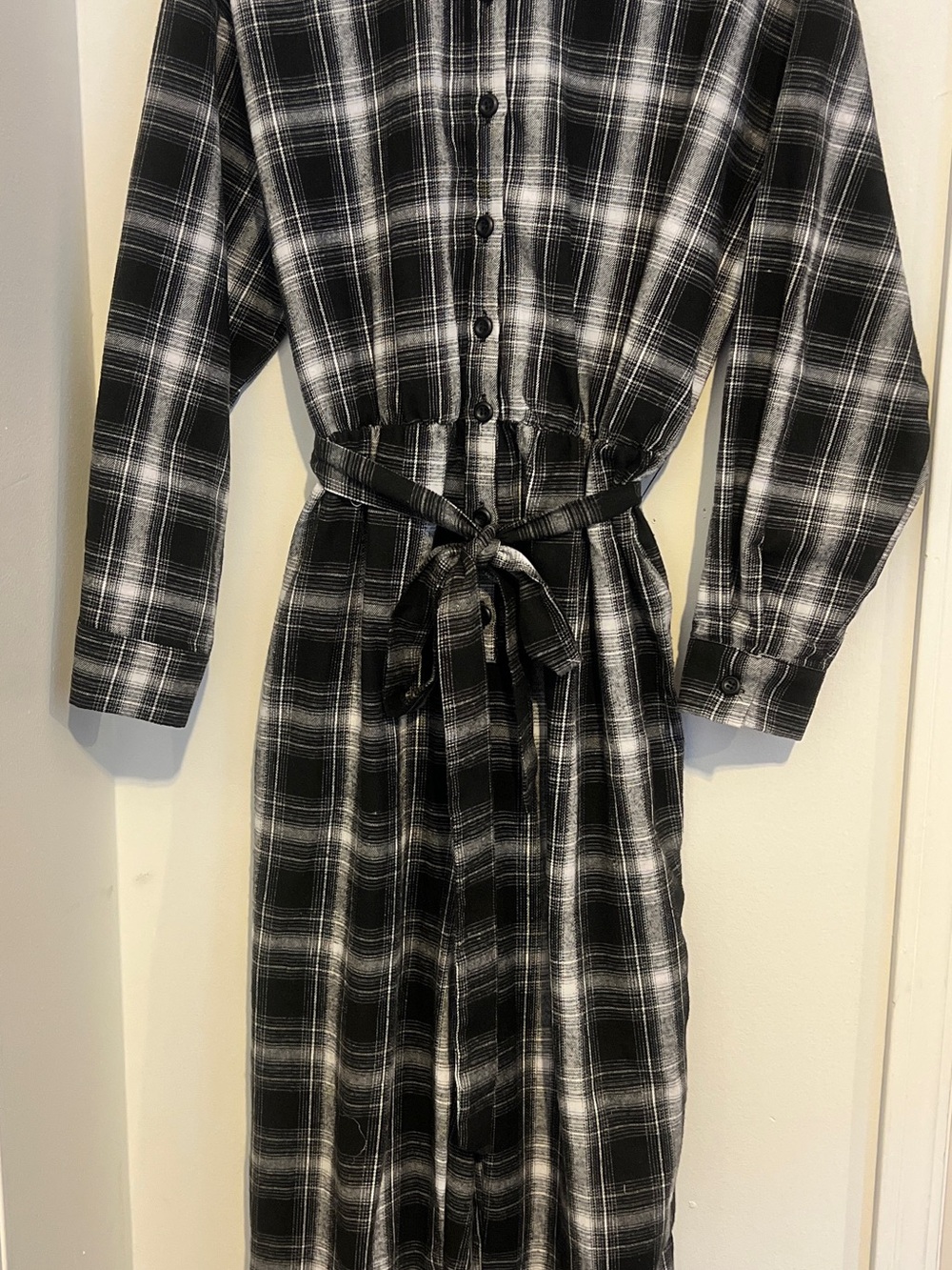 Black & White Plaid Button-Front Shirt Jumpsuit with Tie Waist